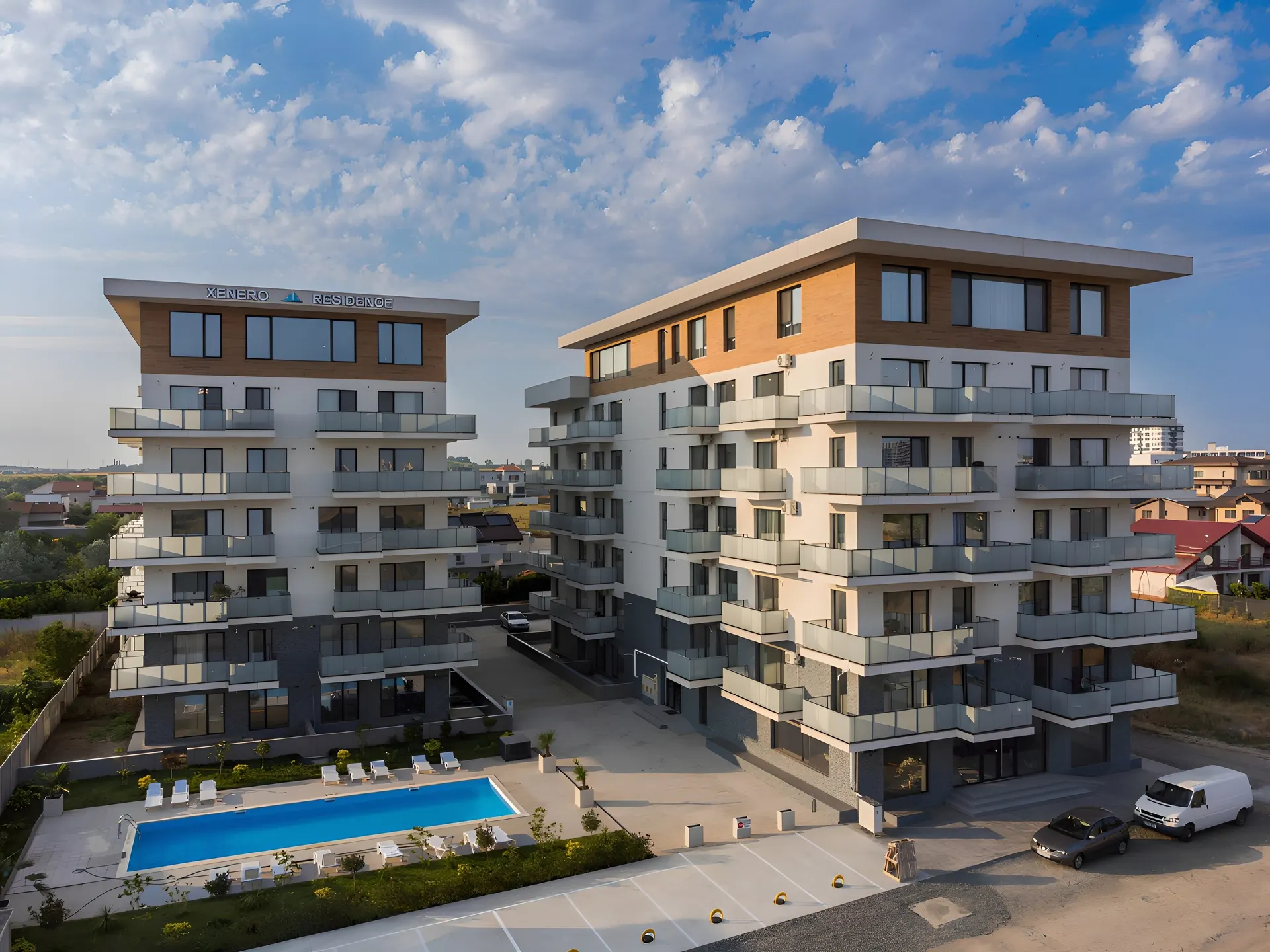 Vedere de sus asupra ansamblului XENERO Residence, între lac și mare