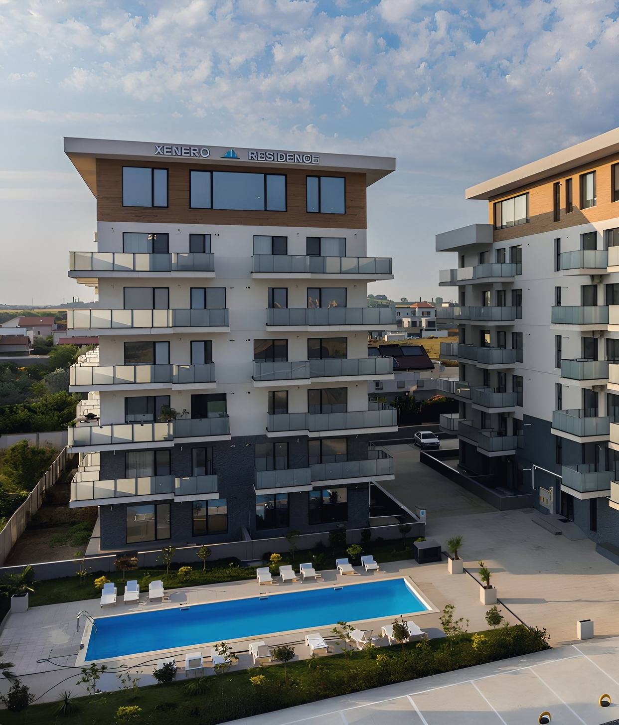Clădirile XENERO Residence din Mamaia Nord, cu piscina ansamblului în prim-plan